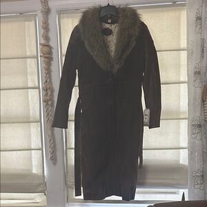 Wilsons Leather Dark Brown Faux Fur Collar Trench Coat